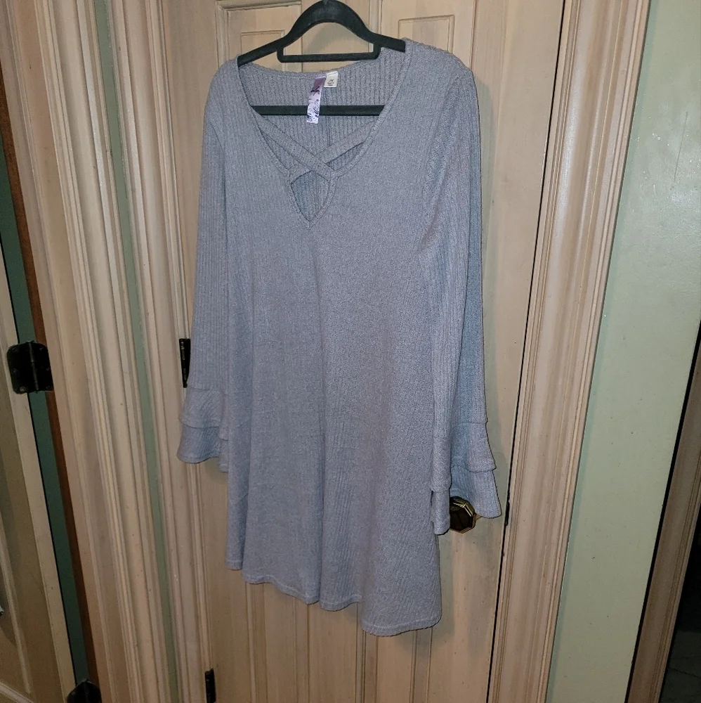 Misses sz M Alya Gray Sweater Dress v-neck Fall Casual Dress Cozy - Picture 3 of 4